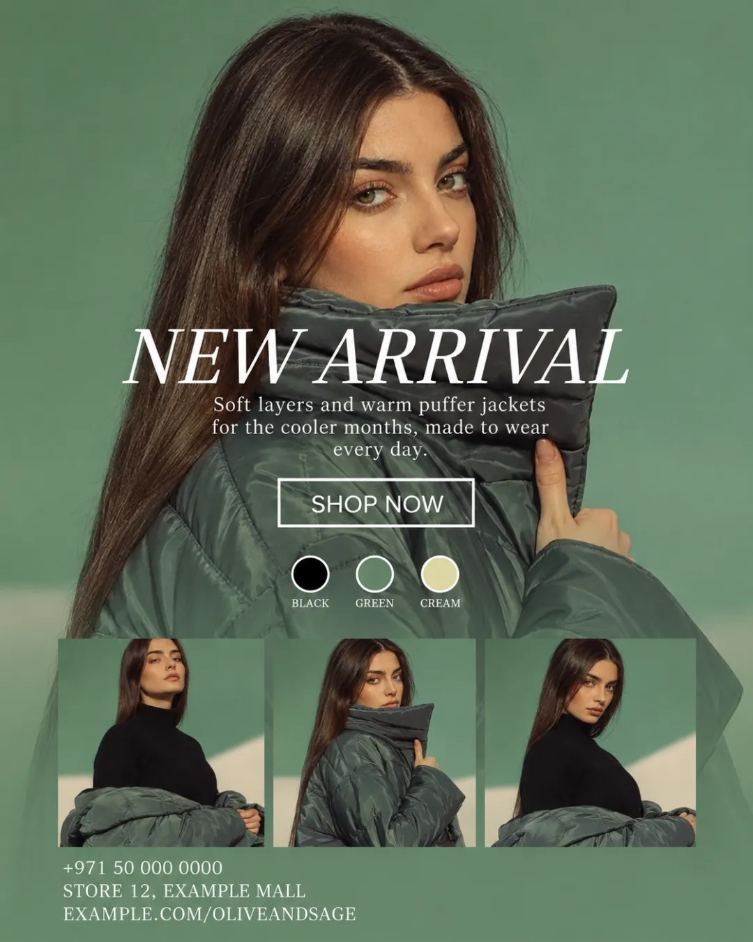 Puffer jackets in black, green and cream
