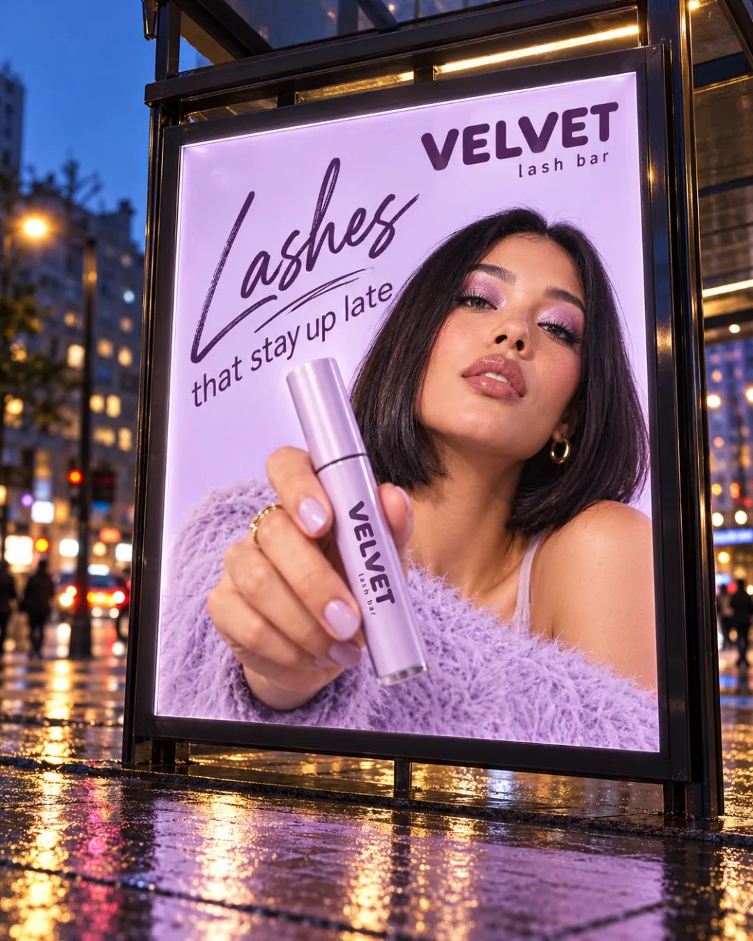 Lash serum poster at a bus stop